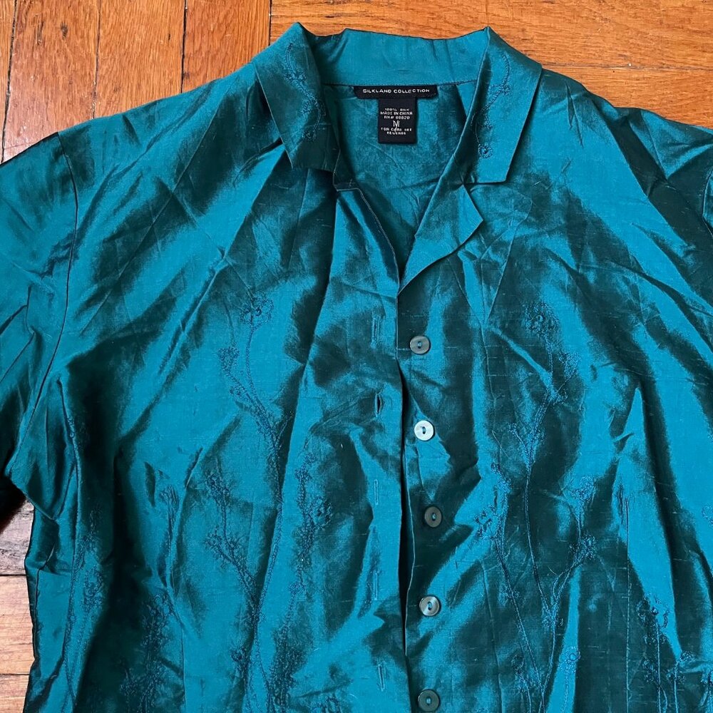 Silkland Women’s 100% Silk Blouse Vintage Top Blue Size Med